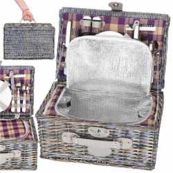 Cos de picnic echipat pentru 4 persoane Deluxe, din rachita, cu vesela si tacamuri, izolat termic, gri