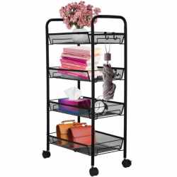 Raft metalic mobil tip carucior pentru bucatarie, 4 polite si 4 agatatori, negru, 44x26x85cm