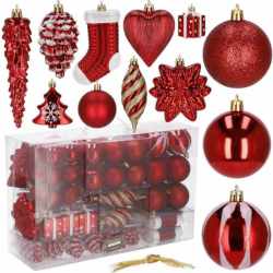 Set globuri si decoratiuni de Craciun, 72 piese, diverse dimensiuni, rosu