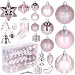 Set globuri si decoratiuni de Craciun, 77 piese, diverse dimensiuni, roz