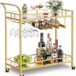 VASAGLE Carucior de servire pentru vin, suport sticle si pahare, cu 2 rafturi din sticla, 38x86x90cm, auriu