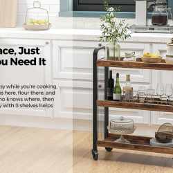 VASAGLE Carucior de servire pe roti pentru bucatarie, cu 3 polite, stil industrial, 26x66x85cm, maro rustic