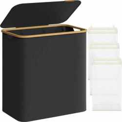 SONGMICS Cos de rufe textil, pliabil, cu 3 compartimente detasabile, 150L, 60x39x71 cm, negru