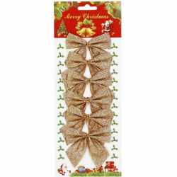 Set 6 ornamente pentru bradul de Craciun, fundita, 8cm, auriu