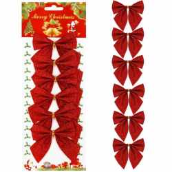 Set 6 ornamente pentru bradul de Craciun, fundita, 8cm, rosu cu sclipici