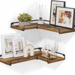 VASAGLE Set de 2 rafturi plutitoare de colt in forma de L, stil industrial, 40x29x14cm, maro rustic și negru