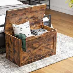 VASAGLE Banca pentru pantofi cu perna, tip cufar de depozitare, stil hambar, 76x40x48cm, maro rustic