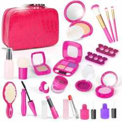 Trusa de machiaj pentru fetite, geanta cu 22 de accesorii cosmetice, fara lichide sau substante chimice, roz