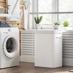 SONGMICS Cos de rufe din bambus, pliabil, cu captuseala detasabila lavabila, 72L, 40x30x60cm, alb