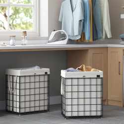 SONGMICS Cos de rufe pliabil cu cadru metalic, sac detasabil si lavabil, 90L, 48x33x58cm, negru si alb