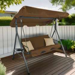 Leagan gradina 3 locuri 170x118x153 cm, cu perne, baldachin reglabil si masute laterale, structura otel, maro