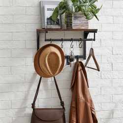 VASAGLE Cuier perete cu 8 carlige si polita, 40x24x24 cm, maro rustic si negru