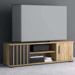 Comoda TV moderna 140x37 cm cu 2 usi si rafturi, finisaj craft cu negru