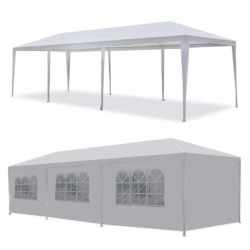 Pavilion de gradina 300x900 cm, 8 pereti detasabili cu ferestre si usa, structura metalica, PE impermeabil, alb