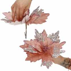 Set 5 ornamente pentru bradul de Craciun, stea Poinsettia, 26cm, roz argintiu