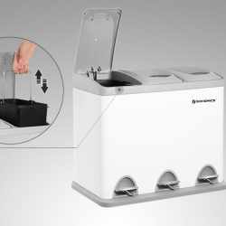 SONGMICS Cos de gunoi din otel cu 3 compartimente colectare selectiva, cu galeti interioare, 3x8litri, alb si gri