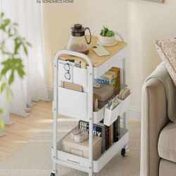 SONGMICS Raft de depozitare mobil tip carucior rulant, pentru baie sau bucatarie, cadru otel cu blat MDF, 31x44x74 cm, alb