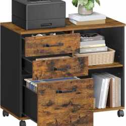 VASAGLE Dulap mobil tip rollbox pentru birouri, sertar cu sina suport dosare, stil industrial, 40x80x66 cm, maro rustic