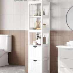 VASAGLE Dulap de baie tip coloana, din MDF, cu 2 sertare si 3 rafturi, 30x30x142 cm, alb