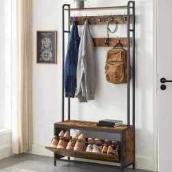 VASAGLE Cuier cu dulap de depozitare pantofi, cadru din otel, stil industrial, 32x85x180cm, maro rustic
