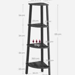 VASAGLE Raft de colt cu 4 etaje, tip biblioteca, cadru metal si polite lemn, 34x34x125 cm, negru