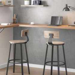 VASAGLE Set de 2 scaune de bar inalte cu spatar, cadru din otel, industrial, 54x99cm, gri stejar
