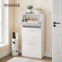 VASAGLE Dulap pantofi cu 2 usi rabatabile, pentru 12-18 perechi, 60x24x120 cm, alb