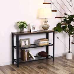 VASAGLE Masa de intrare, cadru metalic cu 3 polite din MDF, 35x102x80cm, maro rustic si negru