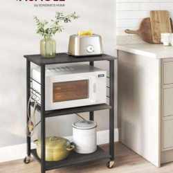 VASAGLE Raft de bucatarie pe roti, carucior de servire cu 3 rafturi, cadru metalic, 40x60x89 cm, design industrial, negru