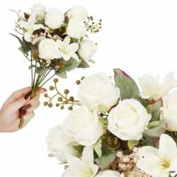 Buchet de flori artificiale din poliester, 9 fire trandafiri si crini, 37cm, alb