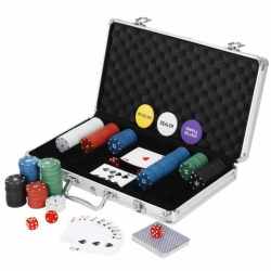 Set de Poker Complex cu 300 de jetoane, 2 seturi de carti, 5 zaruri, in servieta aluminiu