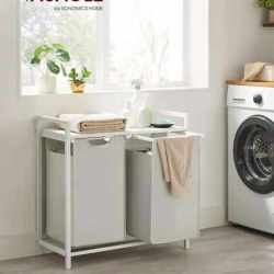 VASAGLE Cos de rufe, 2 compartimente, saci de rufe detasabili, raft, cadru metalic, 2x46L, 73x33x72 cm, alb