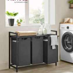 VASAGLE Cos de rufe, 3 compartimente, saci de rufe detasabili, raft, cadru metalic, 3x38L, 93x33x72 cm, negru