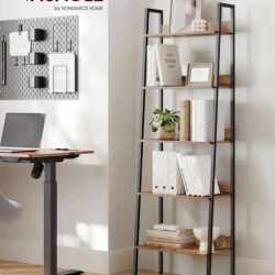 VASAGLE Biblioteca tip scara, cadru otel cu 5 polite, stil industrial, 60x30x170 cm, maro