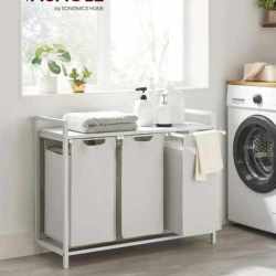 VASAGLE Cos de rufe, 3 compartimente, saci de rufe detasabili, raft, cadru metalic, 3x38L, 93x33x72 cm, alb