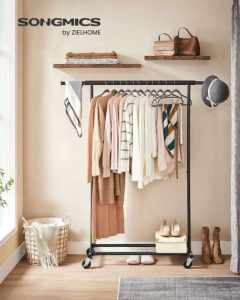 SONGMICS Suport pentru haine cu sina superioara extensibila, pe roti, reglabil pe latime, 45x(92-132)x160cm, negru