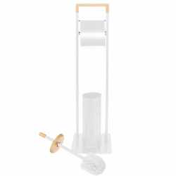 Stand cu perie WC si suport hartie igienica, metal si bambus, 76cm, alb perla