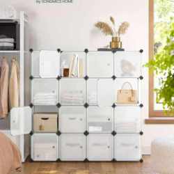 SONGMICS Unitate de depozitare cu 16 cuburi, pentru pantofi sau haine, personalizabil, 31x123x123 cm, alb transparent