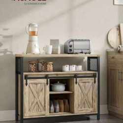 VASAGLE Comoda pentru living sau bucatarie, cu 2 usi glisante, rafturi reglabile, stil rustic, 33x100x80 cm, maro natur