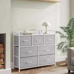 SONGMICS Comoda cu cadru metalic si 7 sertare din stofa, 29x98x85 cm , gri si alb