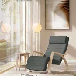 SONGMICS Scaun balansoar din lemn, suport picioare reglabil, maxim 150kg, 67x122x84 cm, gri inchis