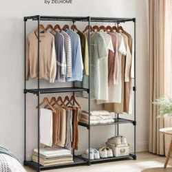 SONGMICS Dulap de haine portabil, cu 3 bare de agatat si rafturi, 138x43x182 cm, negru