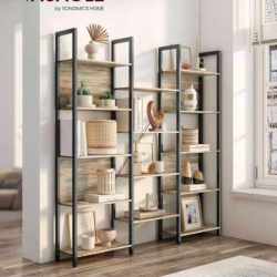 VASAGLE Biblioteca cu 14 rafturi din lemn, cadru metalic, 24x158x166cm, stil industrial, stejar si negru