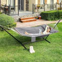 SONGMICS Hamac dublu cu bara stabilizatoare din lemn, 2 perne, 210x150cm, maxim 300kg, gri