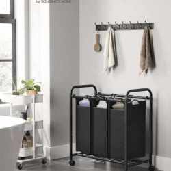 SONGMICS Cos de rufe cu 3 saci detasabili, structura metalica pe roti, 3x44L, 77x41x82cm, negru