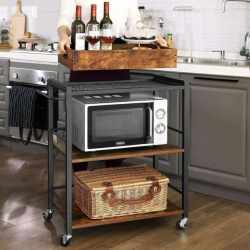 VASAGLE Carucior de servire pe roti pentru bucatarie, 3 polite, tava detasabila, stil industrial, 40x72x86cm, maro rustic