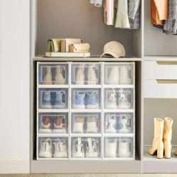 SONGMICS Cutii de pantofi, set de 12 organizatoare stivuibile, structura rezistenta ABS, 35x25x19cm, transparent