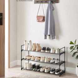 SONGMICS Suport pentru pantofi, cadru metalic cu 3 nivele, 12-15 perechi, stivuibil, 54x92x30cm, negru