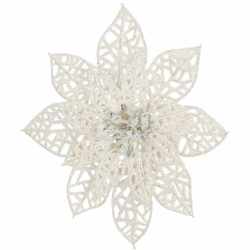 Set 10 ornamente pentru bradul de Craciun, stea Poinsettia, 14cm, alb cu sclipici