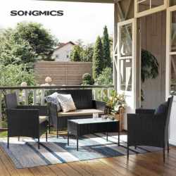 SONGMICS Set de mobilier pentru terasa sau balcon, din poliratan PE, masa, canapea si 2 scaune, negru